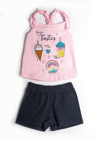 JOYCE shorts set, pink sleeveless top and blue shorts.