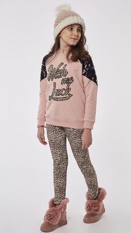 EBITA leggings set, pink sweatshirt and leopard print leggings.