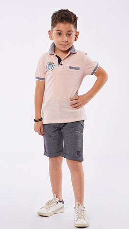 Hashtag bermuda set, polo shirt with applique embroidery and bermuda shorts in gray.