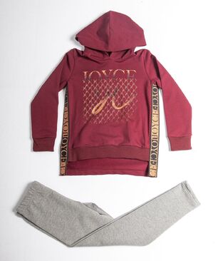 JOYCE leggings set, burgundy sweatshirt and gray leggings.