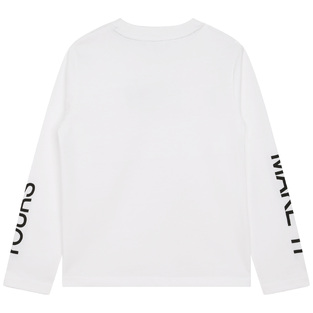 Blouse D.K.N.Y. in white color with "MAKE IT YOURS" logo on the sleeves.