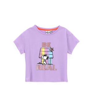 SNOOPY cotton blouse in lilac color, with embossed print on the front.