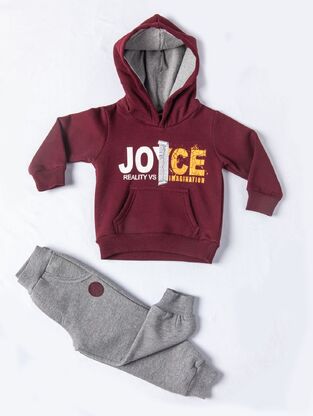 JOYCE burgundy jumpsuit with hood and gray sweatpants.