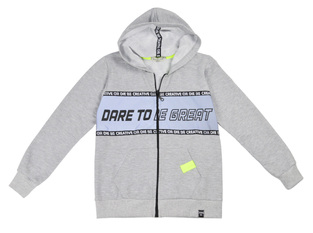 HASHTAG jacket with hood in gray color and chest band.