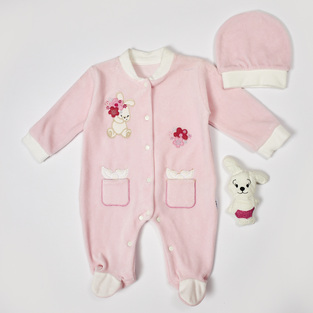 EBITA velor bodysuit in pink color with matching cap.