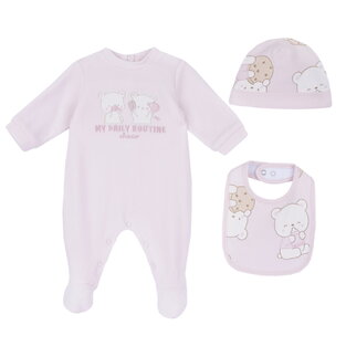 CHICCO baby set in pink with velor bodysuit, cap and bib.