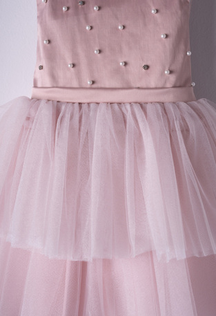 EBITA satin dress in pink color with tulle trim.