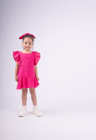 EBITA cotton dress in fuchsia color with decorative cherries.