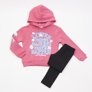 TRAX leggings set in pink with "LITTLE THINGS MAKE BIG THINGS HAPPEN" embossed logo.