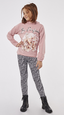 EBITA leggings set, hooded sweatshirt in pink, with embossed print, and leggings with all over striped print.