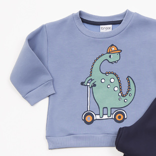 TRAX tracksuit set in blue raff color with embossed dinosaur print.