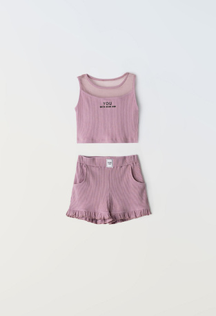 EBITA shorts set in pink with rip fabric and glitter.