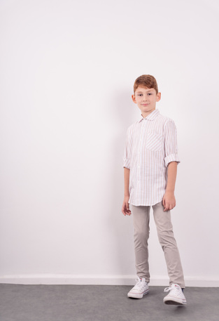 HASHTAG linen shirt in white color with beige striped design.