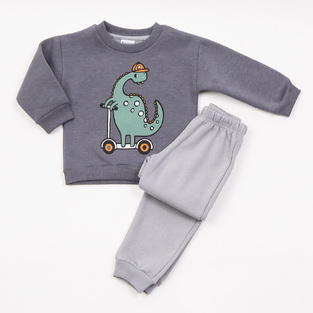 TRAX suit set in charcoal color with embossed dinosaur print.