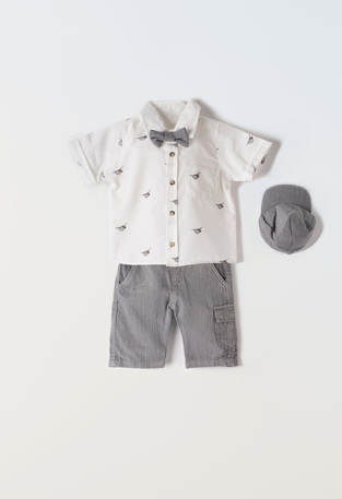 Set of 4 pcs. HASHTAG, bow tie shirt, Bermuda shorts and matching hat.