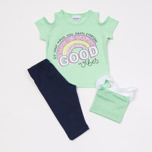 Set of TRAX capri leggings in verman color with "GOOD VIBES" logo and purse.