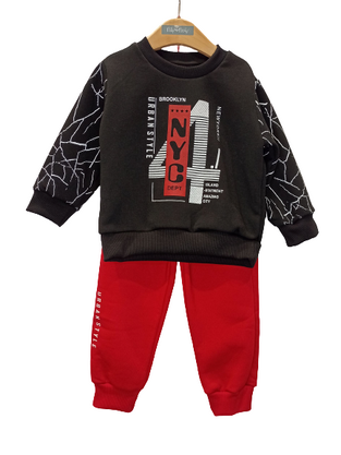 TRAX tracksuit set, black crew neck sweatshirt and red elasticated sweat pants. 