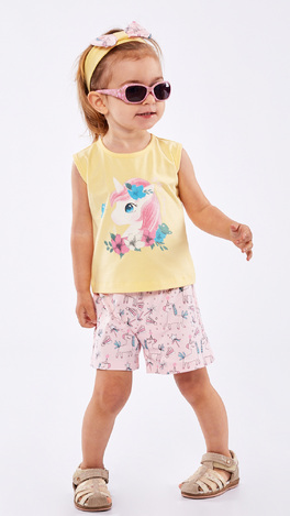 EBITA shorts set, yellow sleeveless top, printed shorts and matching ribbon.