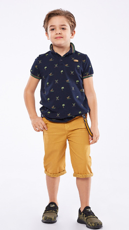 HASHTAG bermuda set, pique polo shirt with collar and bermuda shorts in mustard color.