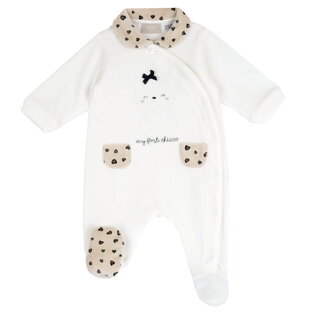 CHICCO velor bodysuit in off-white color with embossed teddy bear print.