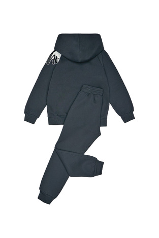 SPRINT jumpsuit set in charcoal color with hood and embossed print.