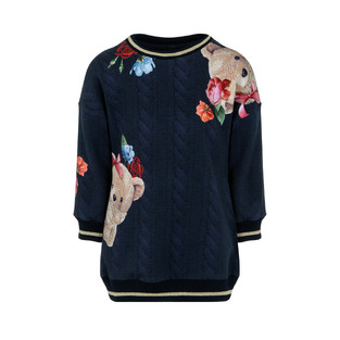 LAPIN HOUSE sweatshirt dress in dark blue with teddy bear print and knitted look.