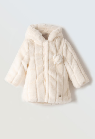 EBITA fur coat in off-white color with hood and matching scarf.