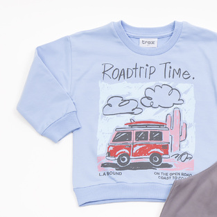 Seasonal TRAX tracksuit set in siel with "ROADTRIP TIME" logo.