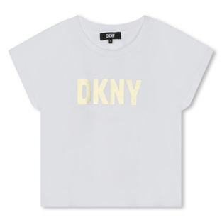 Blouse D.K.N.Y. in white color with gold metallic logo print.